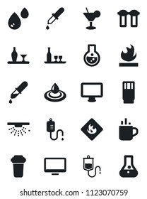 Set of vector isolated black icon - hot cup vector, dropper, flammable, monitor, alcohol, drink, cocktail, water, filter, sprinkler, flask