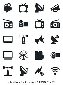 Set of vector isolated black icon - antenna vector, satellite, radio, loudspeaker, tv, video camera, wireless
