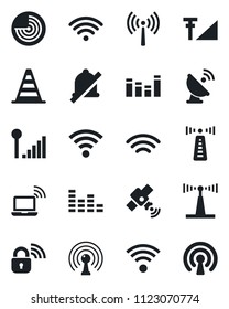 Set of vector isolated black icon - antenna vector, wireless notebook, border cone, radar, satellite, equalizer, mute, cellular signal, lock