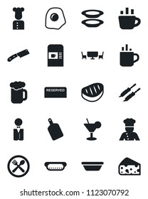 Set of vector isolated black icon - hot cup vector, coffee machine, waiter, cook, cafe, reserved, cocktail, beer, plates, table, steak, kebab, dog, bowl, cutting board, knife, omelette, cheese