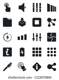 Set of vector isolated black icon - package vector, sorting, settings, touch screen, stop button, menu, folder, charge, application, pen, sound, information, social media