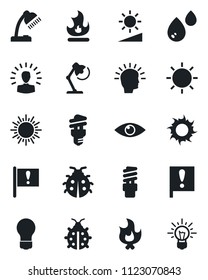 Set of vector isolated black icon - sun vector, bulb, lady bug, fire, eye, important flag, brightness, desk lamp, water, energy saving, shining head, idea