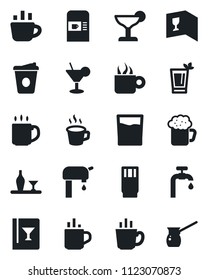 Set of vector isolated black icon - hot cup vector, coffee machine, water supply, alcohol, wine card, drink, cocktail, phyto bar, beer, turkish
