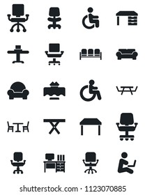 Set of vector isolated black icon - cafe vector, waiting area, disabled, office chair, desk, picnic table, cushioned furniture, restaurant, man with notebook