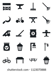 Set of vector isolated black icon - ladder car vector, rake, sickle, garden light, picnic table, fertilizer, bike, restaurant, alcove, outdoor lamp