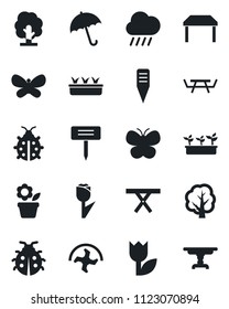 Set of vector isolated black icon - umbrella vector, flower in pot, ripper, tree, butterfly, lady bug, seedling, rain, plant label, picnic table, tulip