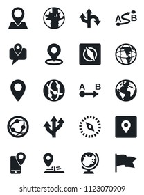 Set of vector isolated black icon - globe vector, route, navigation, earth, pin, mobile tracking, network, place tag, compass, flag