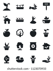 Set of vector isolated black icon - flower in pot vector, seedling, tree, sproute, plant label, fertilizer, fruit, salad, apple, eco house, palm