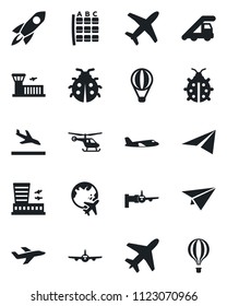 Set of vector isolated black icon - plane vector, arrival, ladder car, boarding, helicopter, seat map, globe, airport building, lady bug, rocket, paper, air balloon