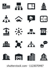 Set of vector isolated black icon - hierarchy vector, well, molecule, hospital, office building, garage, plan, home message