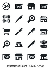 Set of vector isolated black icon - 24 around vector, shop, pen, store, search cargo, sale, sold signboard, cafe building, open close, cart, storefront