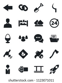 Set of vector isolated black icon - 24 around vector, left arrow, shovel, sickle, axe, satellite, flammable, rack, film frame, video camera, dialog, chain, group, user, document folder, waiter