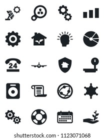 Set of vector isolated black icon - plane vector, gear, 24 hours, term, sorting, heavy scales, network, speaker, pie graph, eco house, home protect, police, sun panel, consumer search, shining head