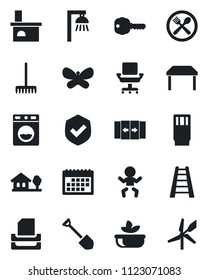 Set of vector isolated black icon - automatic door vector, baby, job, rake, ladder, butterfly, fireplace, shield, calendar, office chair, paper tray, house with tree, key, table, cafe, drink, salad