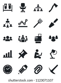 Set of vector isolated black icon - trowel vector, farm fork, axe, blood test vial, group, clock, drawing pin, paper clip, bar graph, office chair, point, desk lamp, meeting, copier, hierarchy
