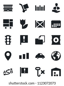 Set of vector isolated black icon - earth vector, pin, railroad, important flag, traffic light, client, car delivery, term, container, consolidated cargo, folder document, no hook, tulip, sorting