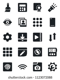 Set of vector isolated black icon - phone back vector, menu, settings, themes, calculator, stopwatch, notes, data exchange, download, wireless, torch, compass, eye id, fingerprint, video, root setup
