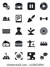 Set of vector isolated black icon - parking vector, trowel, seedling, barbell, cargo container, vinyl, pause button, eye id, house with tree, crane, estate insurance, cook, hamburger, cheese