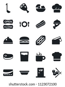 Set of vector isolated black icon - dish vector, cafe, cook hat, drink, coffee, salad, bacon, waiter, vip zone, open close, credit card, steak, ham, hamburger, hot dog, ladle, bowl, sushi