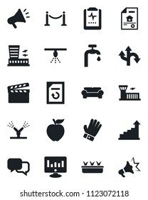 Set of vector isolated black icon - fence vector, airport building, growth statistic, monitor, document reload, glove, seedling, pulse clipboard, route, clapboard, dialog, water supply, estate