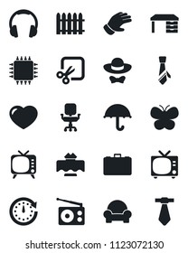 Set of vector isolated black icon - tv vector, case, desk, fence, glove, butterfly, umbrella, radio, headphones, heart, cut, office chair, tie, cushioned furniture, restaurant table, dress code