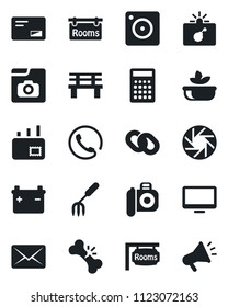 Set of vector isolated black icon - bomb in case vector, garden fork, bench, broken bone, camera, monitor, chain, mail, mobile, photo gallery, rooms, phone, salad, battery, calculator, advertising