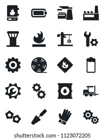 Set of vector isolated black icon - airport tower vector, fork loader, gear, factory, trowel, glove, flammable, oil barrel, reel, battery, root setup, crane, water heater