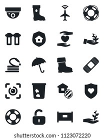 Set of vector isolated black icon - plane radar vector, fence, umbrella, trash bin, boot, hose, patch, heart shield, hand, eye id, lock, estate insurance, water filter, surveillance, palm sproute