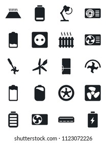 Set of vector isolated black icon - ripper vector, battery, low, desk lamp, heater, air conditioner, fridge, socket, fan, warm floor, windmill