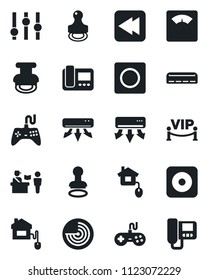 Set of vector isolated black icon - passport control vector, stamp, radar, scales, gamepad, settings, rewind, rec button, record, air conditioner, vip zone, home, intercome