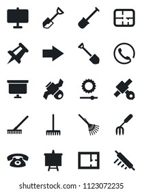 Set of vector isolated black icon - right arrow vector, presentation board, drawing pin, job, garden fork, shovel, rake, satellite, brightness, plan, phone, rolling