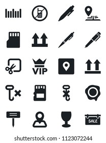 Set of vector isolated black icon - no mobile vector, vip, pen, stamp, plant label, navigation, fragile, up side sign, hook, barcode, sd, cut, place tag, sale