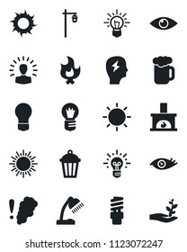 Set of vector isolated black icon - sun vector, brainstorm, bulb, fire, garden light, eye, desk lamp, fireplace, beer, smoke detector, energy saving, shining head, idea, palm sproute