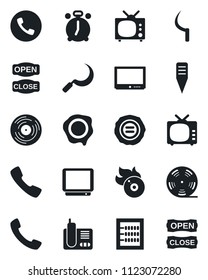Set of vector isolated black icon - alarm clock vector, phone, stamp, sickle, plant label, reel, vinyl, flame disk, tv, radio, call, abacus, open close