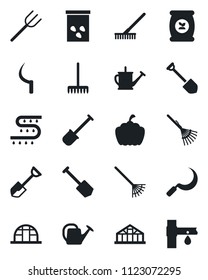 Set of vector isolated black icon - job vector, shovel, farm fork, rake, watering can, sickle, pumpkin, greenhouse, seeds, fertilizer, drip irrigation