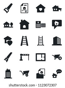 Set of vector isolated black icon - barrier vector, office building, ladder, wheelbarrow, saw, house, hospital, with garage, tree, plan, estate document, sweet home, city, message
