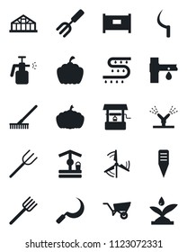 Set of vector isolated black icon - fence vector, garden fork, farm, rake, wheelbarrow, well, sickle, plant label, pumpkin, greenhouse, sprayer, drip irrigation, windmill