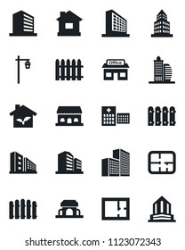 Set of vector isolated black icon - office building vector, fence, house, garden light, hospital, store, plan, cafe, eco