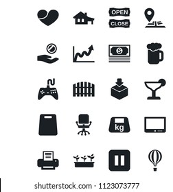 Set of vector isolated black icon - office chair vector, seedling, navigation, cash, package, heavy, gamepad, tv, heart, pause button, printer, house with garage, fence, cocktail, beer, open close