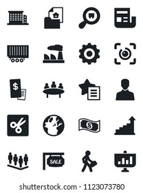Set of vector isolated black icon - gear vector, growth statistic, team, meeting, factory, truck trailer, search cargo, favorites list, user, cut, eye id, news, manager, estate document, sale, earth