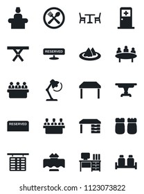 Set of vector isolated black icon - cafe vector, reception, flight table, medical room, desk, meeting, picnic, lamp, restaurant, serviette, reserved, salt and pepper