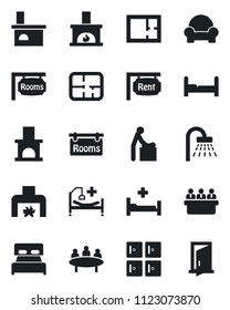 Set of vector isolated black icon - baby room vector, shower, checkroom, meeting, fireplace, hospital bed, plan, rent, rooms, bedroom, cushioned furniture, door