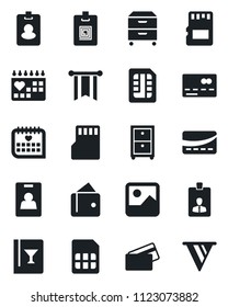 Set of vector isolated black icon - credit card vector, identity, medical calendar, gallery, sd, sim, archive box, wine, pass, wallet, pennon