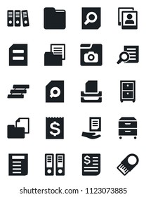 Set of vector isolated black icon - office binder vector, document search, receipt, folder, photo gallery, paper, tray, archive box, usb flash