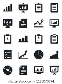 Set of vector isolated black icon - growth statistic vector, monitor, diagnosis, pulse clipboard, statistics, bar graph, pie, checklist, point, presentation