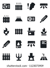 Set of vector isolated black icon - fire vector, fireplace, thermometer, heater, air conditioner, candle, water, smoke detector, radiator, warm floor