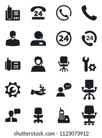 Set of vector isolated black icon - 24 around vector, office chair, phone, hours, support, speaker, radio, call, root setup, palm sproute