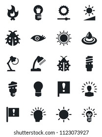 Set of vector isolated black icon - sun vector, bulb, lady bug, fire, eye, important flag, brightness, desk lamp, water, energy saving, shining head, idea