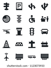 Set of vector isolated black icon - airport tower vector, plane radar, taxi, bus, parking, passport control, signpost, border cone, helicopter, disabled, route, traffic light, truck trailer