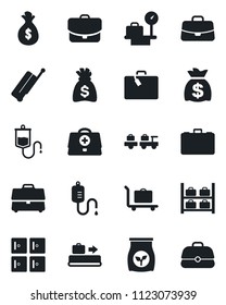 Set of vector isolated black icon - suitcase vector, baggage conveyor, trolley, larry, luggage storage, scales, checkroom, case, money bag, fertilizer, doctor, dropper